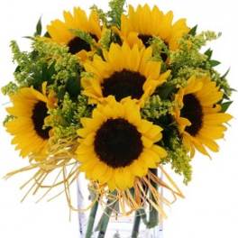 Bouquet of yellow sunflowers in a clear glass vase