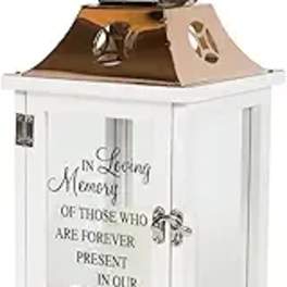 White memorial lantern with a brown top and handle