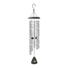 Black and silver wind chime with hanging tubes and a bell-shaped clapper.