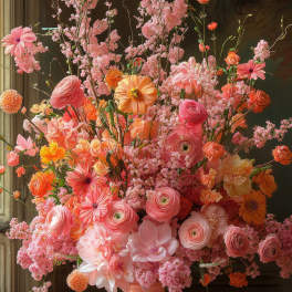 Tall pink and orange floral arrangement in a peach vase
