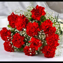 Bouquet of red carnations with white baby's breath