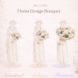 Size guide poster showing three bouquet sizes held by illustrated women