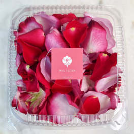 Clear plastic box filled with red and pink rose petals
