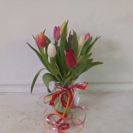 Tulips in a clear glass vase with a pink ribbon bow