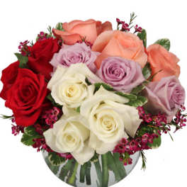 Bouquet of red, peach, lavender, and white roses in a vase