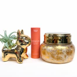 Gold dog planter with a small succulent, beside a candle jar and essential oil roll-on