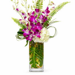 Purple orchids in a tall glass vase with white hydrangea and tropical leaves