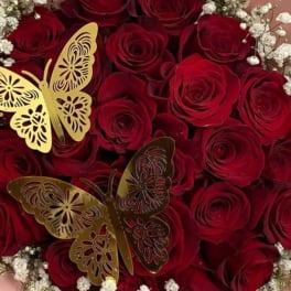 Bouquet of red roses with white baby's breath and gold butterfly accents