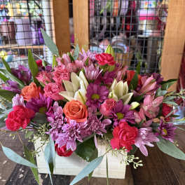 Mixed pink and purple bouquet with roses and daisies in a white box