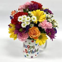 Mixed bouquet in a birthday mug