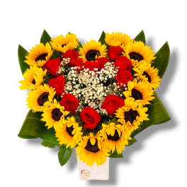 Heart-shaped bouquet of red roses and yellow sunflowers