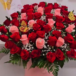 Pink and red roses arranged in a pink hatbox with butterfly picks
