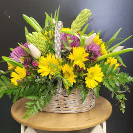 Basket arrangement of yellow daisies, purple blooms, and pale tulips