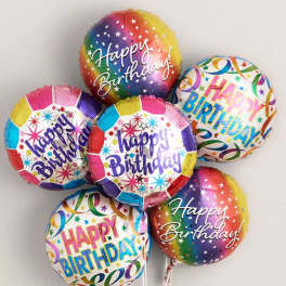 Bundle of five round multicolor Happy Birthday foil balloons on strings