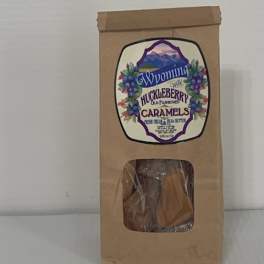 Boxed huckleberry caramel candies with a clear window