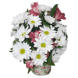 White daisies and pink alstroemeria in a floral tin container