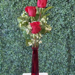 Three red roses in a tall red vase with small white filler flowers