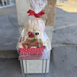 Teddy bear gift basket with a red rose and chocolates in clear wrap
