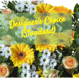 Mixed bouquet with yellow gerbera daisies, white daisies, and peach roses