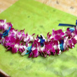 Purple and white orchid lei with blue ribbon accents on green paper