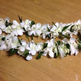 White floral lei with green leaves on a wooden surface