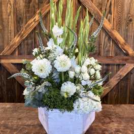 White floral arrangement in a white wooden box with tall green spikes