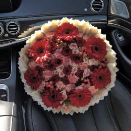 Bouquet of red gerbera daisies and roses wrapped in cream paper