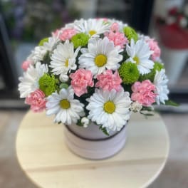Round bouquet of white daisies and pink carnations in a pale vase