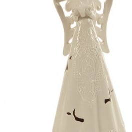 Cream ceramic angel figurine with cutout wings and a long robe