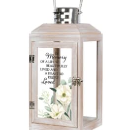 Wooden memorial lantern with white floral print and metal handle