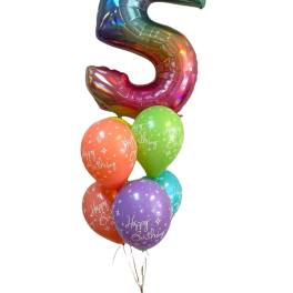 Rainbow number 5 balloon with colorful birthday balloons