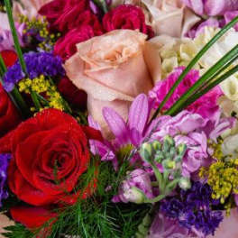 Mixed bouquet of red, pink, purple, and white flowers