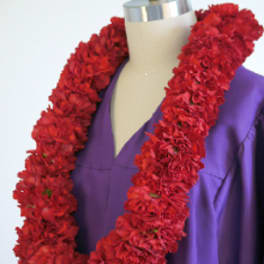Red flower lei draped over a purple garment on a dress form