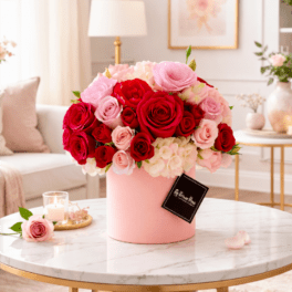 Pink and red rose arrangement in a blush cylindrical box