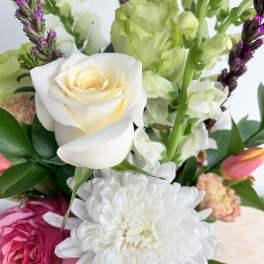 Bouquet of white and pink flowers with a cream rose and white chrysanthemum