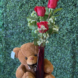 Red roses in a tall vase with a teddy bear