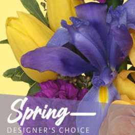 Bouquet of yellow and purple tulips with a spring designer's choice label