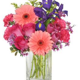 Pink gerberas, roses, and purple irises in a clear glass vase