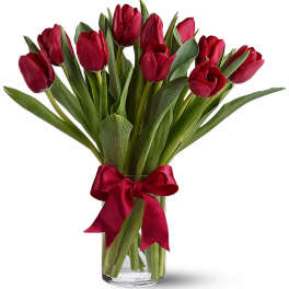 Red tulips in a clear glass vase tied with a red ribbon