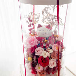 [SOAP FLOWER] Lucky Cat 2.0 Soap Flower arrangement in round clear box - Red