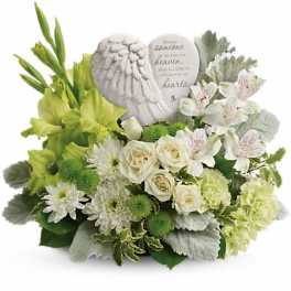 White and green sympathy bouquet with a memorial angel stone