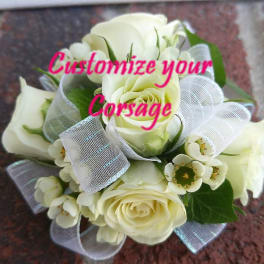 White rose corsage with sheer ribbon accents
