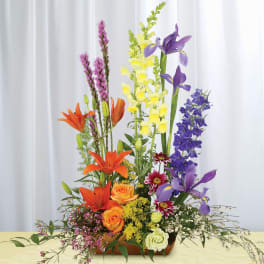 Iris, Liatris, & Lilies in Layered Color