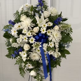 Deepest Sympathies Blue & White Standing Spray