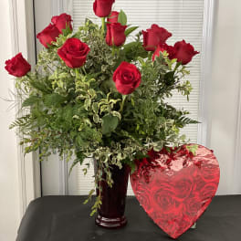 One Dozen Red Roses with Silver Queen Pittosporum and Chocolates