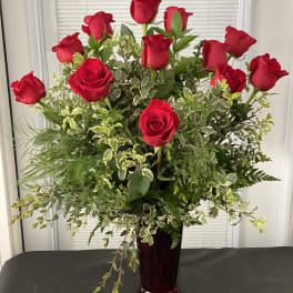 One Dozen Red Roses with Silver Queen Pittosporum