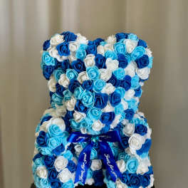 Faux Blues and White Rose Teddy Bear