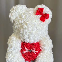 Faux White Rose Teddy Bear with Heart