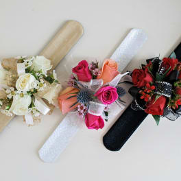 Spray rose corsage on a slap bracelet - Pick Up Only