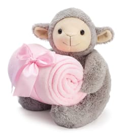 PLUSH GRAY LAMB WITH PINK BLANKET